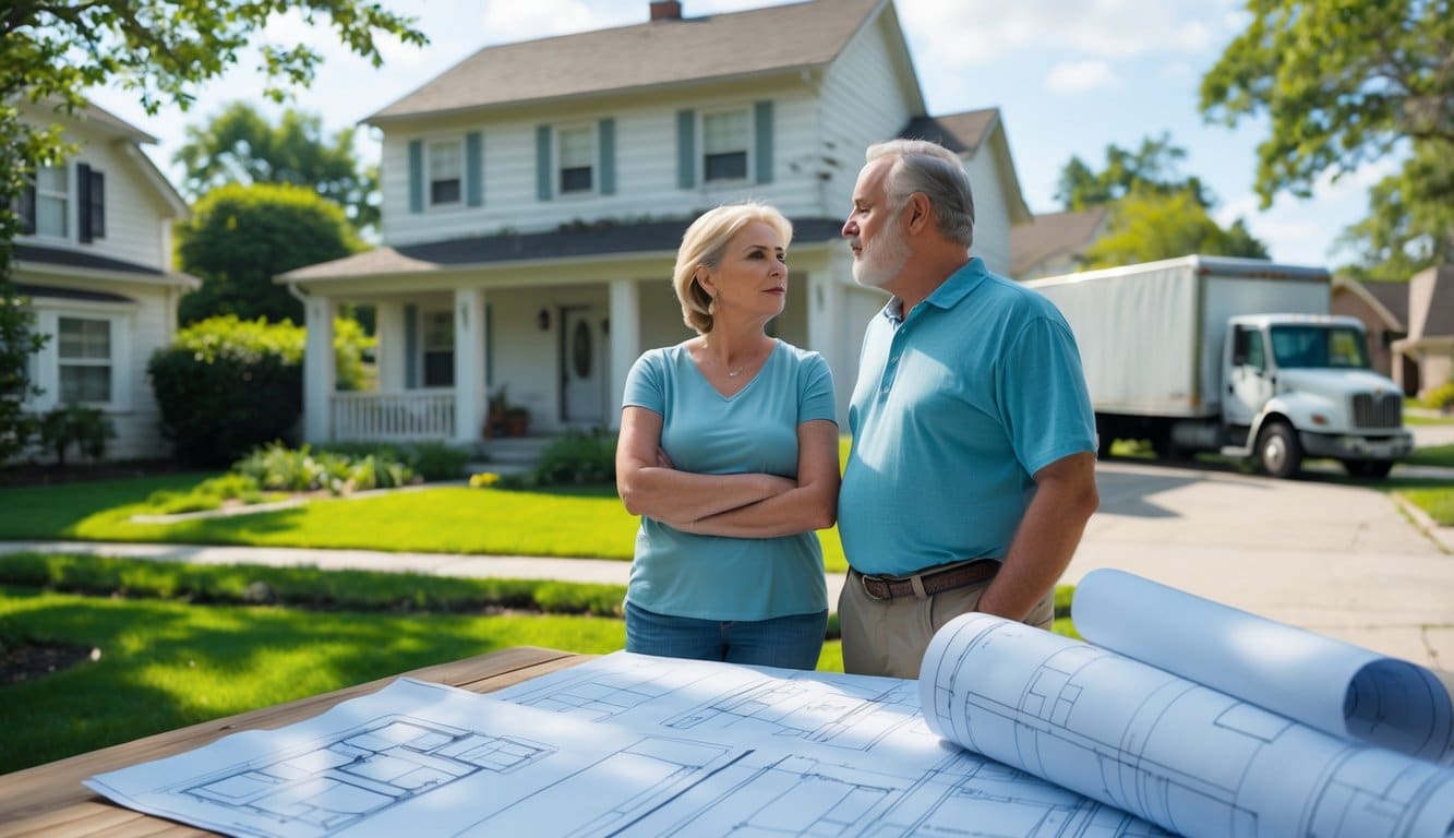 A couple standing outside their suburban home, looking thoughtfully at the house and blueprints on a table, with a moving truck visible in the background.