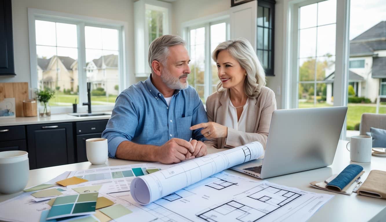 A couple sitting at a kitchen table reviewing home plans and samples while discussing their housing options.