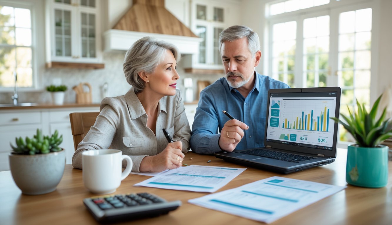 A middle-aged couple discussing house plans and real estate data at a kitchen table in a bright home.