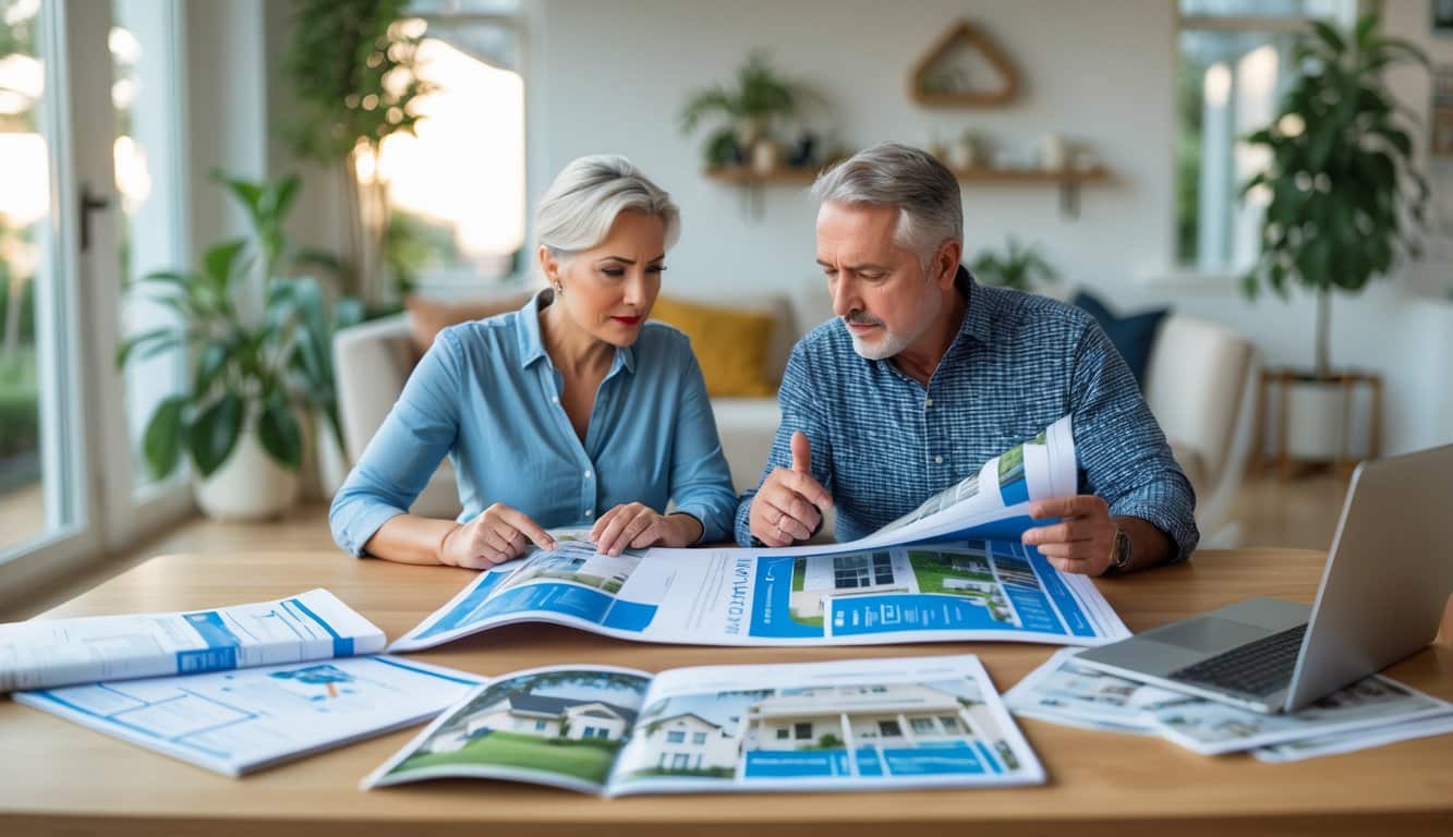 A couple sitting at a table reviewing blueprints and house listings, discussing home decisions in a bright living room.